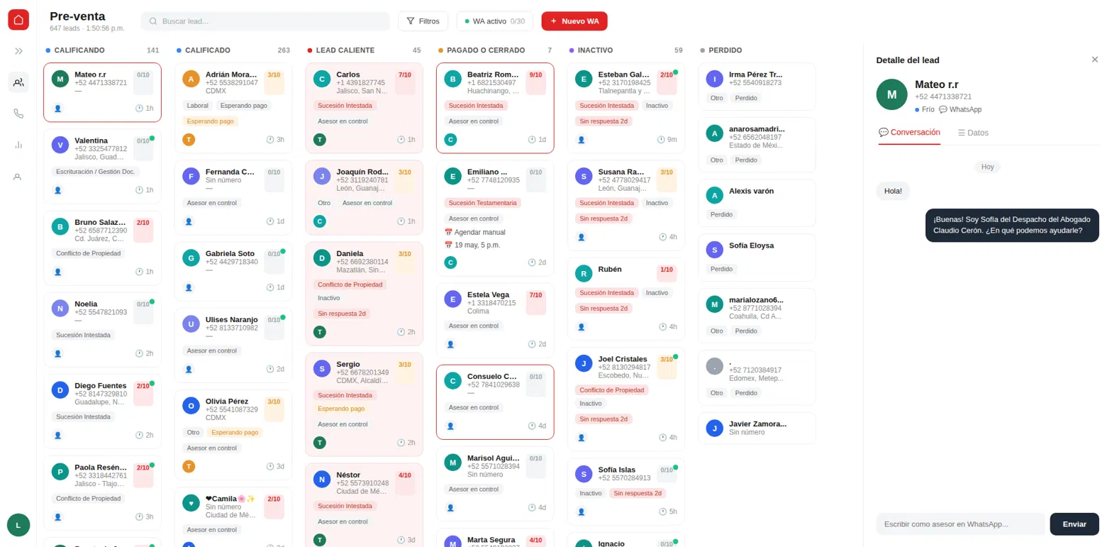 AI agent lead management CRM, organized by qualification stage, with a WhatsApp conversation — demo with sample data