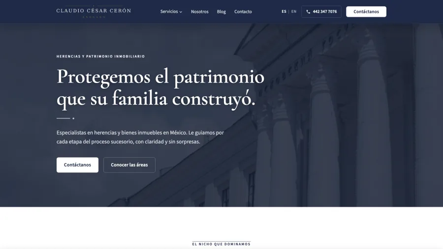 Captura del sitio web del despacho de Claudio Cerón, abogado en Querétaro