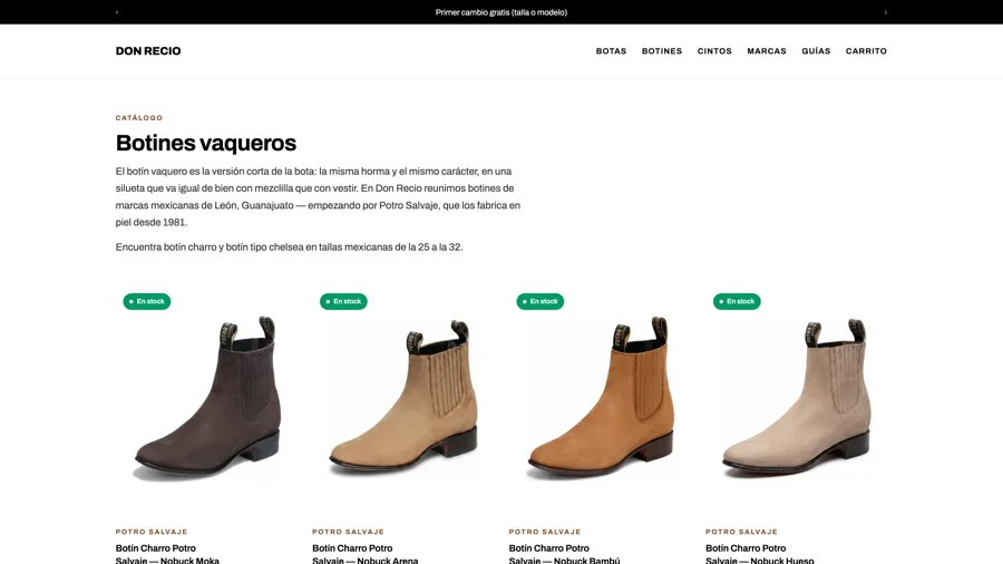 Captura de la colección de botines vaqueros de Don Recio, con las fichas de producto, marca y precios
