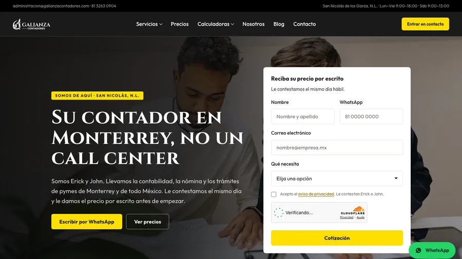 Portada de Galianza Contadores, despacho contable y fiscal en Monterrey, con el titular «Su contador en Monterrey, no un call center» y el formulario de cotización