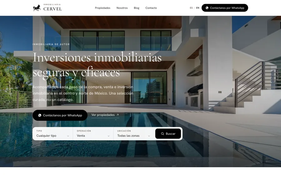 Screenshot of Inmobiliaria CerVel’s website, with a property search by type, transaction and area
