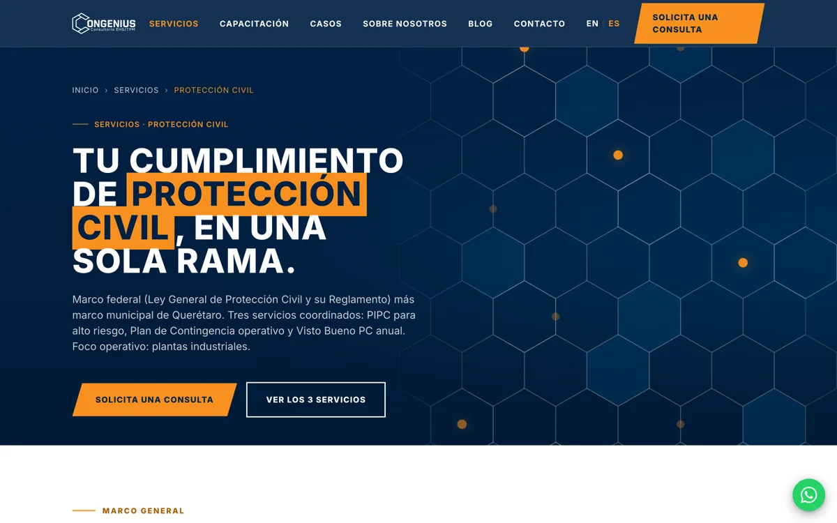 Página de servicio de Congenius