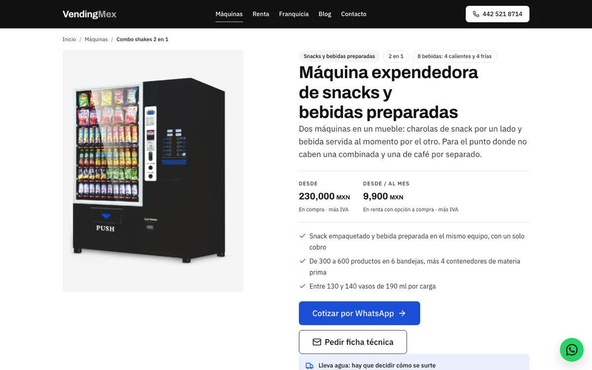 Ficha de la máquina combo de snacks y bebidas preparadas de VendingMex, con precios de compra y renta