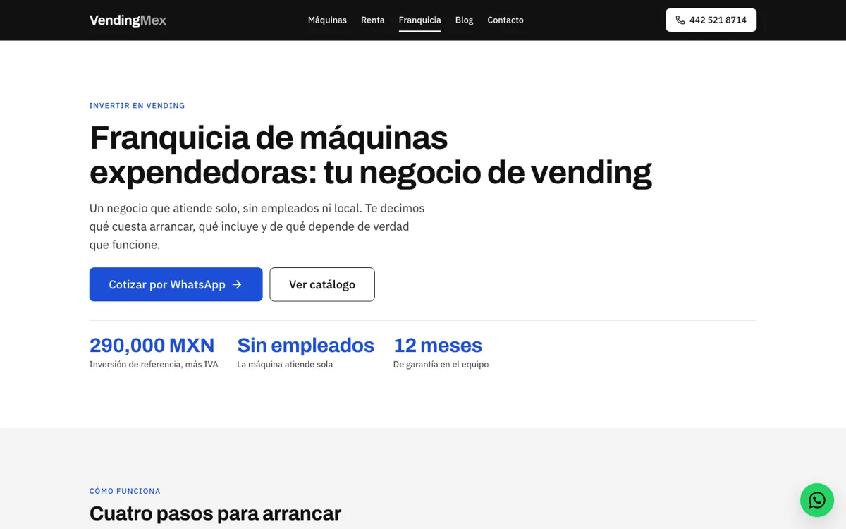Página de franquicia de VendingMex con la inversión de referencia y la garantía