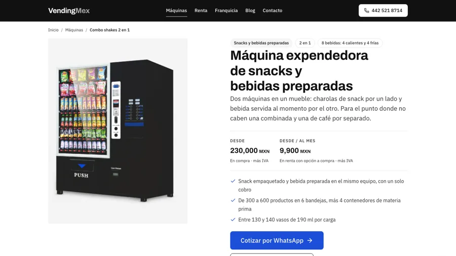 Ficha de la máquina combo de snacks y bebidas preparadas de VendingMex, con sus precios de compra y renta
