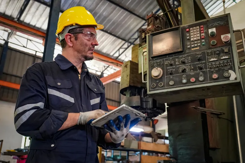 Trabajador con equipo de protección personal (casco, gafas y guantes) operando maquinaria industrial — contexto de seguridad e higiene de Congenius.